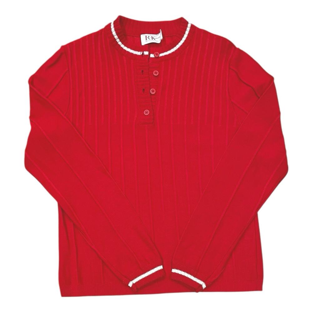 VINTAGE R&K Knits Sweater Womens M Red White 80s 90s Henley Ribbed *no size tag